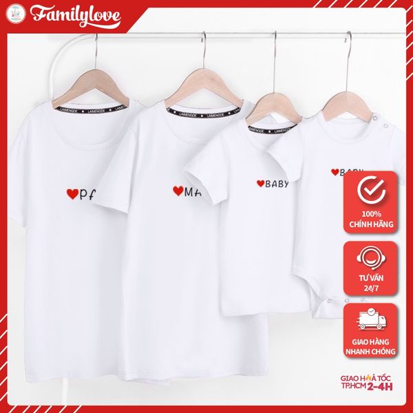 Áo Gia Đình Familylove - Mẫu Đồng Phục Gia Đình Họa Tiết Hình Trái Tim Dad,mom,baby Xinh Chất Liệu Cotton 100% Co Giãn