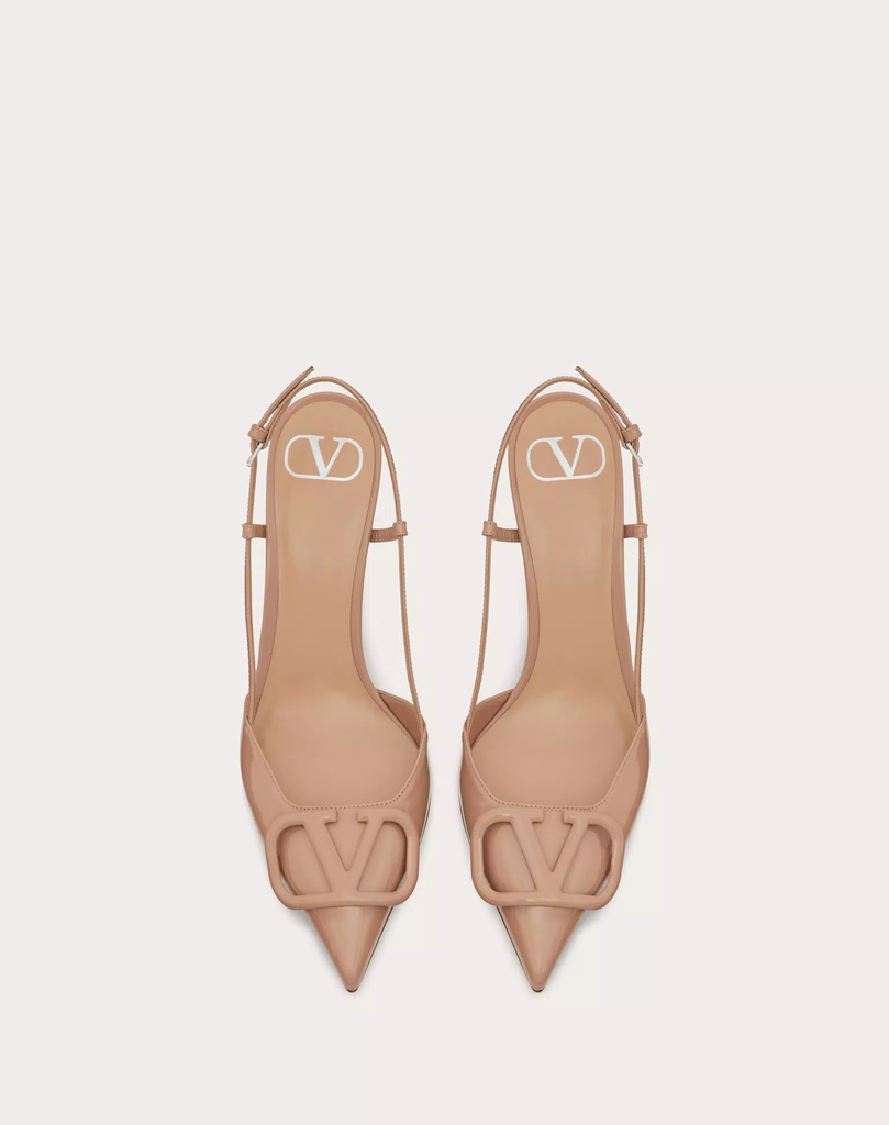 VLOGO SIGNATURE MACAROON TAN PATENT LEATHER SLINGBACK PUMP 80MM