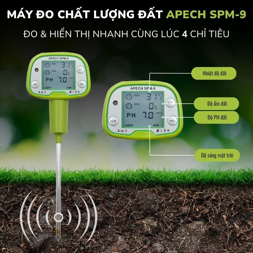 Máy đo pH đất, nhiệt độ, độ ẩm, ánh sáng APECH SPM-9 (4-in-1)