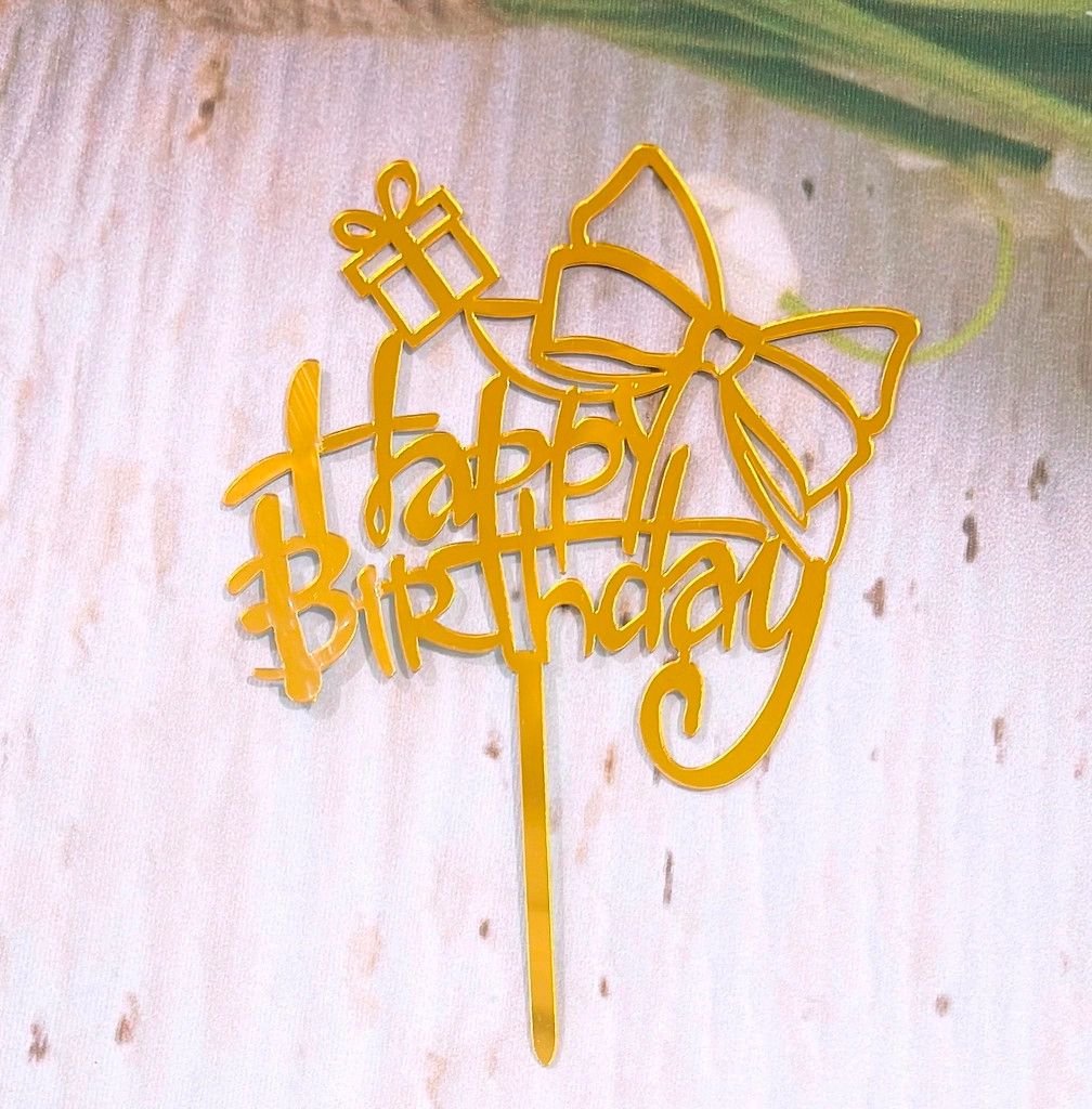  Que Cắm Mica HPBD Gắn Hộp Quà Nơ Vàng (PKHBD-994-111) 