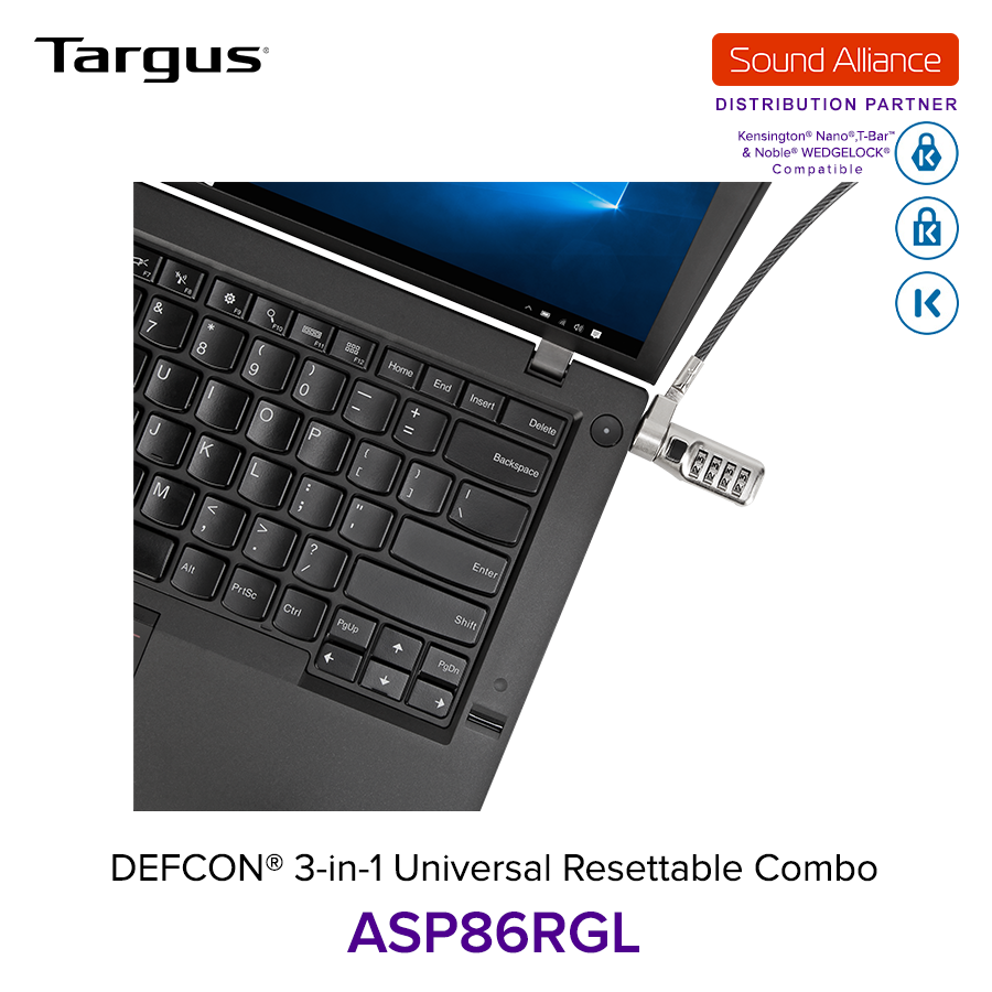  Dây cáp khoá laptop DEFCON® 3 trong 1 Universal Resettable Targus ASP86 