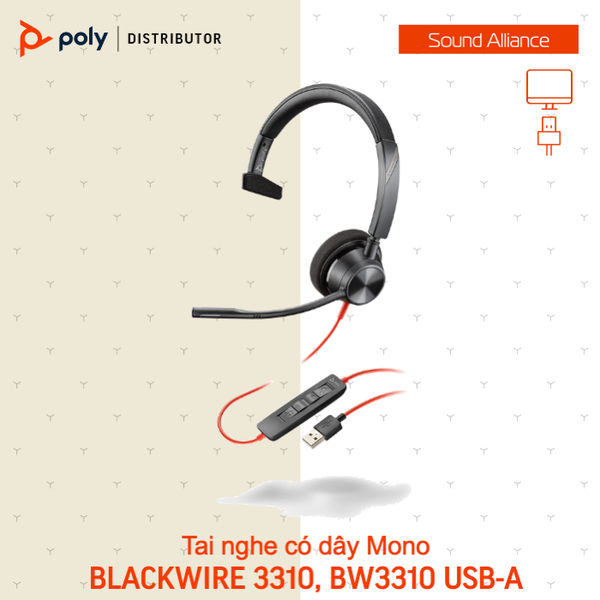  Tai nghe có dây USB Mono Poly Blackwire 3310, BW3310 