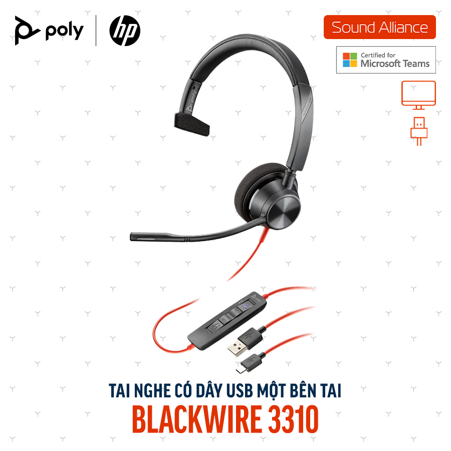  Tai nghe có dây Poly Blackwire 3310 Microsoft Teams USB-A (767F6AA) 