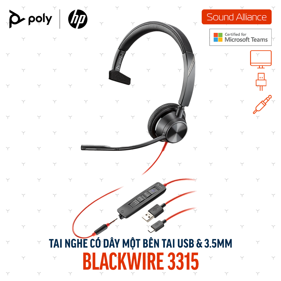  Tai nghe có dây Poly Blackwire 3315 Microsoft Teams USB-C (8X218AA) 