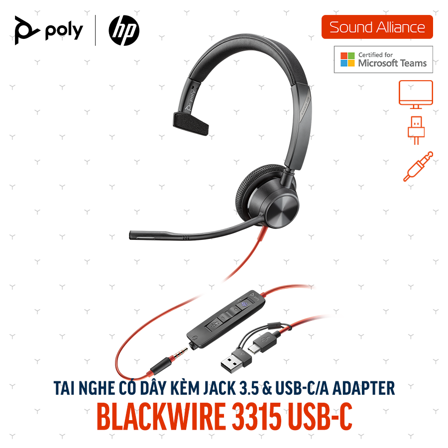  Tai nghe có dây Poly Blackwire 3315 Microsoft Teams USB-C (8X218AA) 
