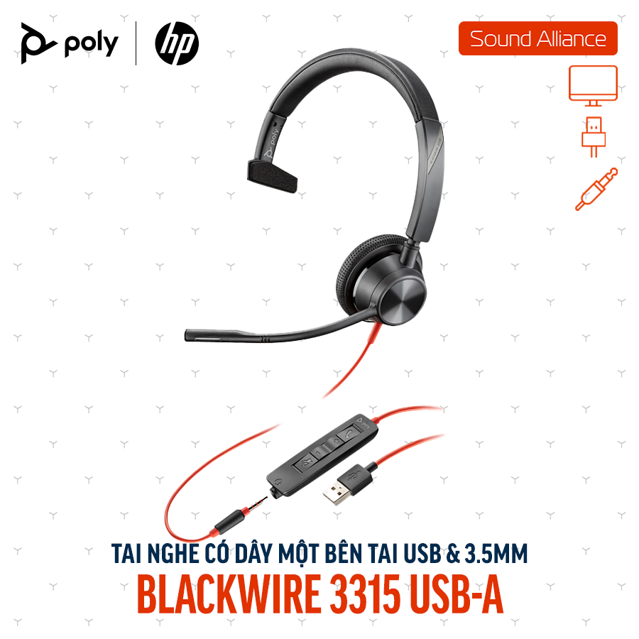  Tai nghe USB và 3.5mm một bên tai Poly Blackwire 3315 USB-A (76J12AA) 
