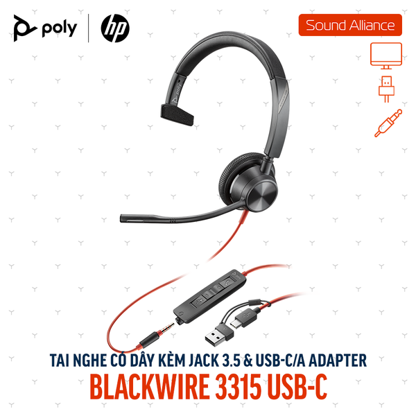 Tai nghe USB và 3.5mm một bên tai Poly Blackwire 3315 USB-C (8X217AA) 