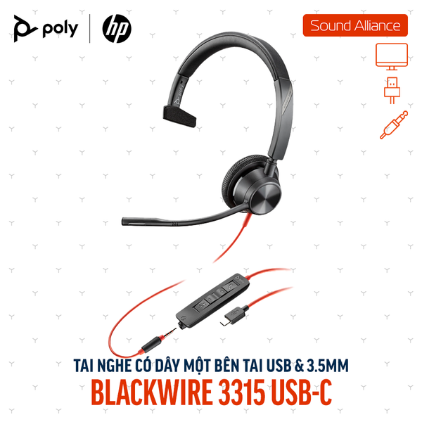  Tai nghe USB và 3.5mm một bên tai Poly Blackwire 3315 USB-C (76J14AA) 