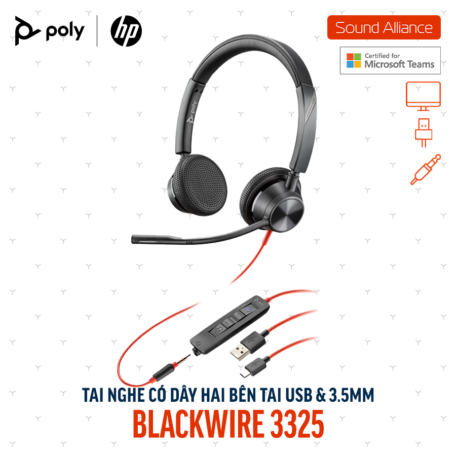  Tai nghe có dây Poly Blackwire 3325 Microsoft Teams USB-C (8X222AA) 