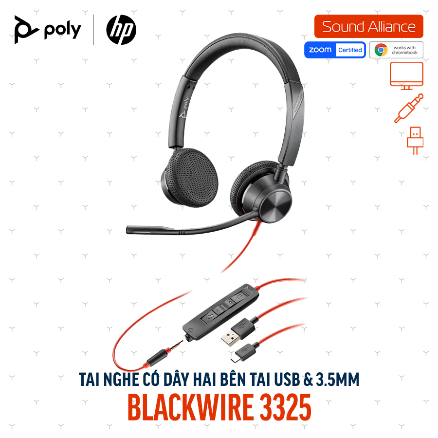  Tai nghe USB và 3.5mm hai bên tai Poly Blackwire 3325 USB-C (8X221AA) 