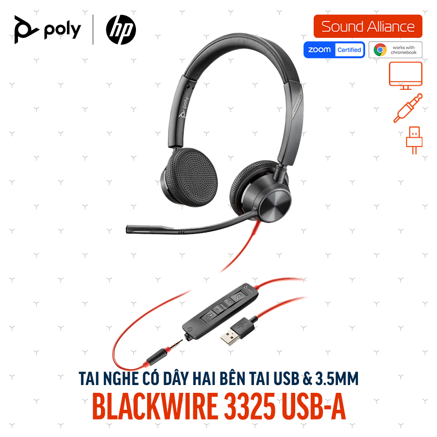  Tai nghe USB và 3.5mm hai bên tai Poly Blackwire 3325 USB-A (76J20AA) 
