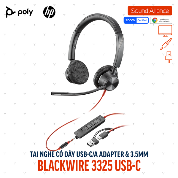 Tai nghe USB và 3.5mm hai bên tai Poly Blackwire 3325 USB-C (8X221AA) 