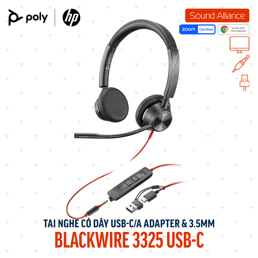  Tai nghe USB và 3.5mm hai bên tai Poly Blackwire 3325 USB-C (8X221AA) 