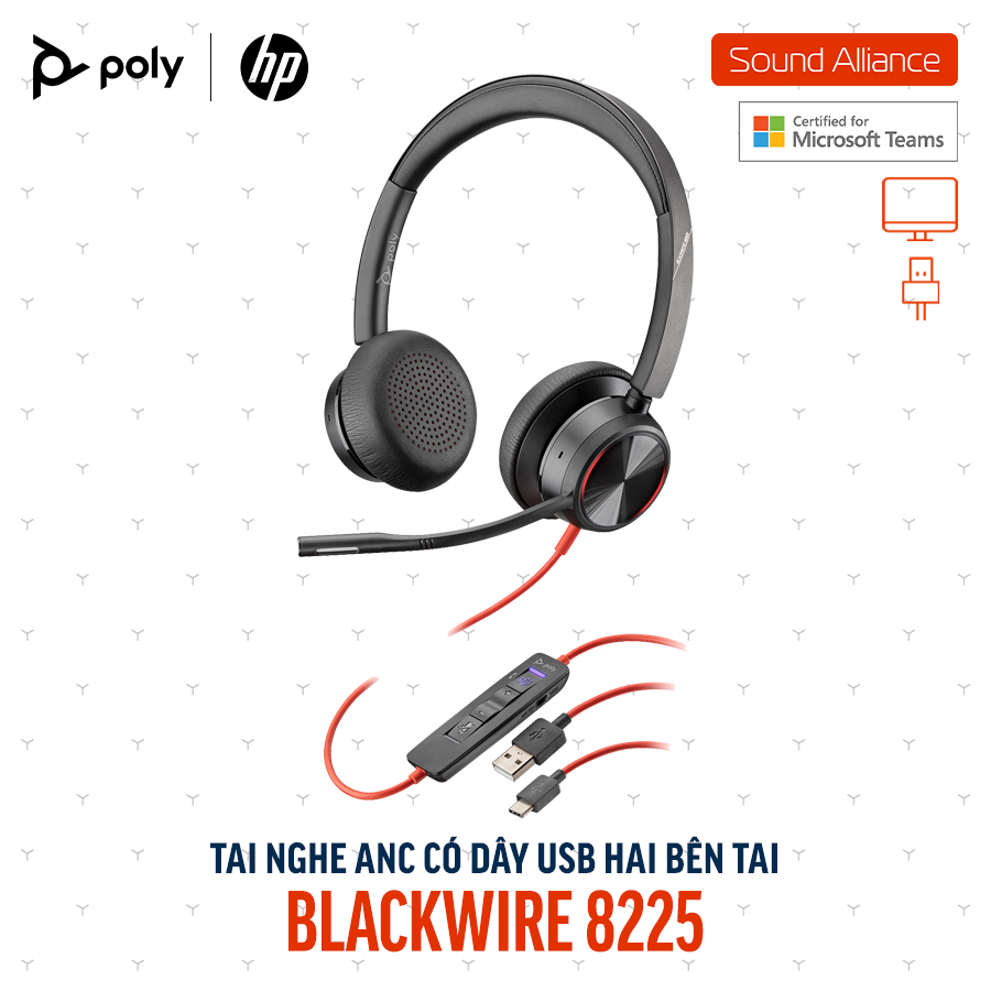  Tai nghe ANC có dây Poly Blackwire 8225 Microsoft Teams USB-A 772K3AA 