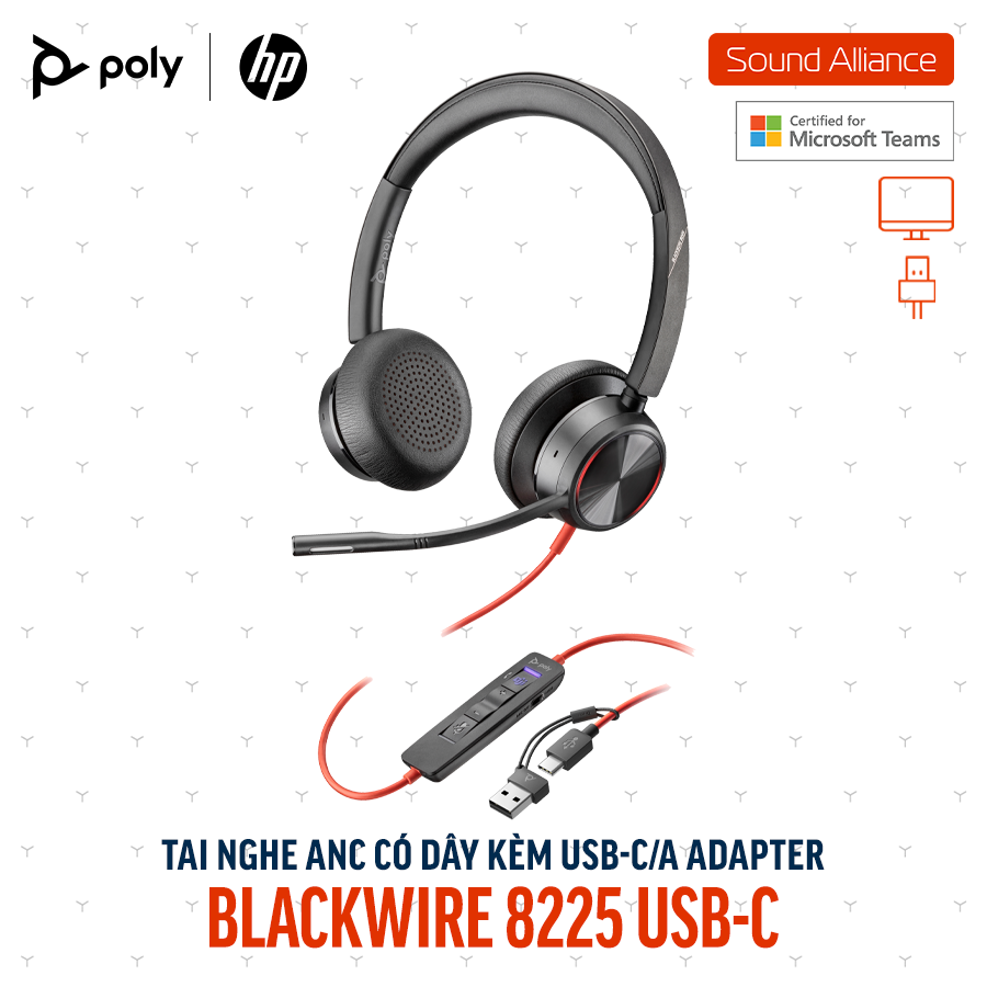  Tai nghe ANC có dây Poly Blackwire 8225 Microsoft Teams USB-C 8X225AA 