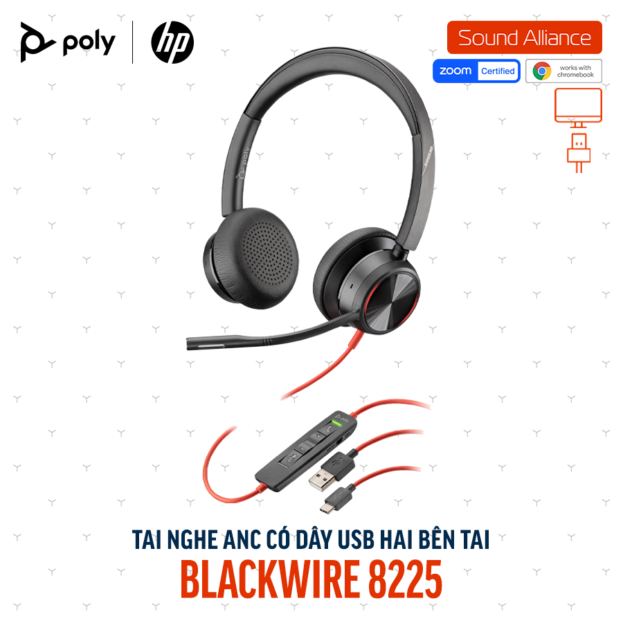  Tai nghe ANC có dây USB-C hai bên tai Poly Blackwire 8225 (8X223AA) 
