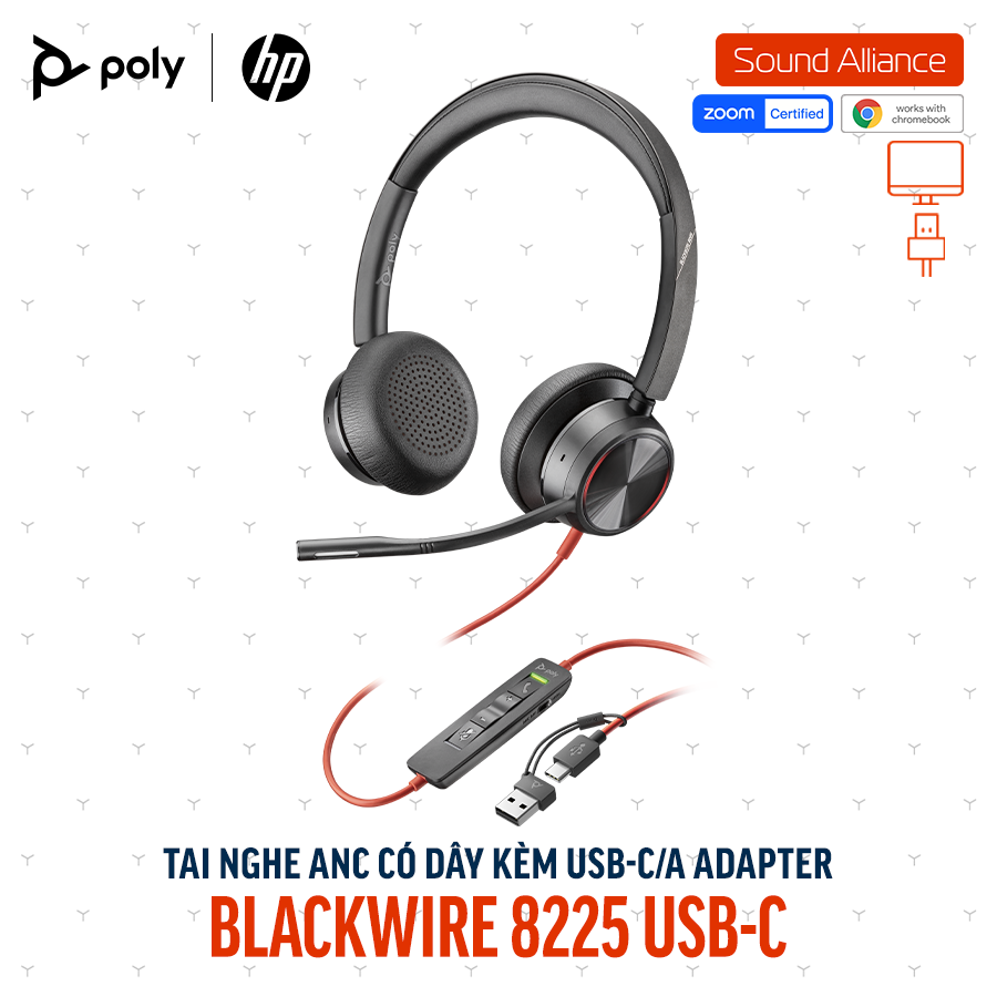 Tai nghe ANC có dây USB-C hai bên tai Poly Blackwire 8225 (8X223AA) 