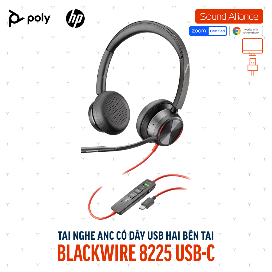  Tai nghe ANC có dây USB-C hai bên tai Poly Blackwire 8225 (772K4AA) 