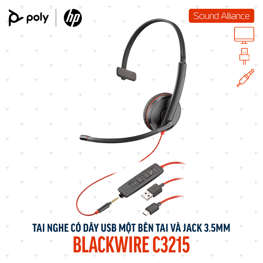  Tai nghe USB và 3.5mm một bên tai Poly Blackwire 3215 USB-A (80S06A6) 