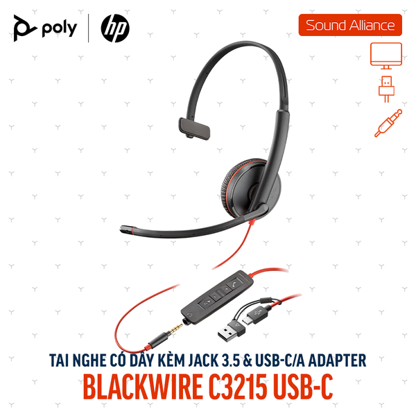  Tai nghe USB và 3.5mm một bên tai Poly Blackwire 3215 USB-C (8X227A6) 