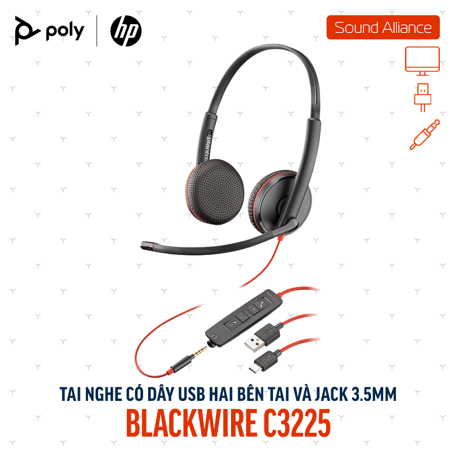  Tai nghe USB và 3.5mm hai bên tai Poly Blackwire 3225 USB-C (8X229A6) 