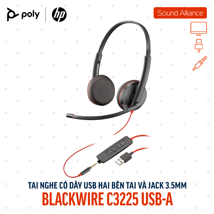  Tai nghe USB và 3.5mm hai bên tai Poly Blackwire 3225 USB-A (80S11A6) 