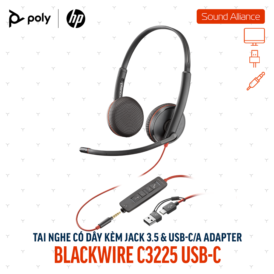  Tai nghe USB và 3.5mm hai bên tai Poly Blackwire 3225 USB-C (8X229A6) 