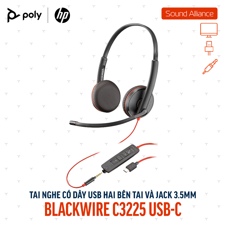  Tai nghe USB và 3.5mm hai bên tai Poly Blackwire 3225 USB-C (80S04AA) 