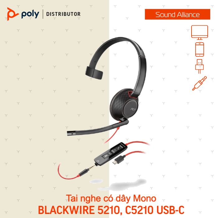  Tai nghe có dây USB Mono Poly Blackwire 5210, C5210 