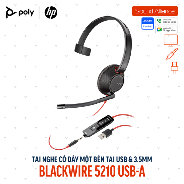  Tai nghe USB và 3.5mm một bên tai Poly Blackwire 5210 USB-A (80R98AA) 