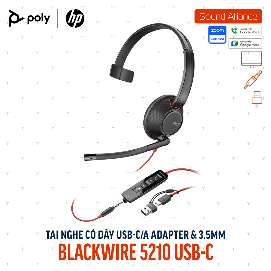  Tai nghe USB và 3.5mm một bên tai Poly Blackwire 5210 USB-C (8X230A6) 