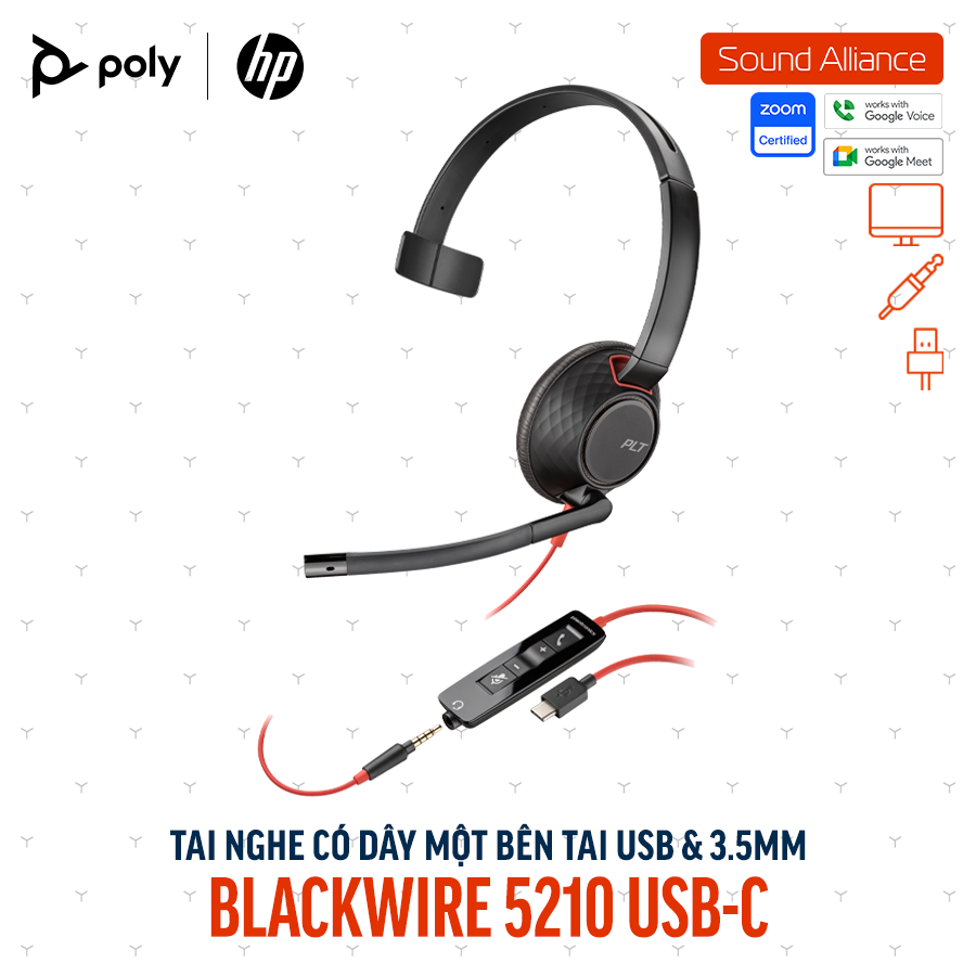  Tai nghe USB và 3.5mm một bên tai Poly Blackwire 5210 USB-C (805H4AA) 