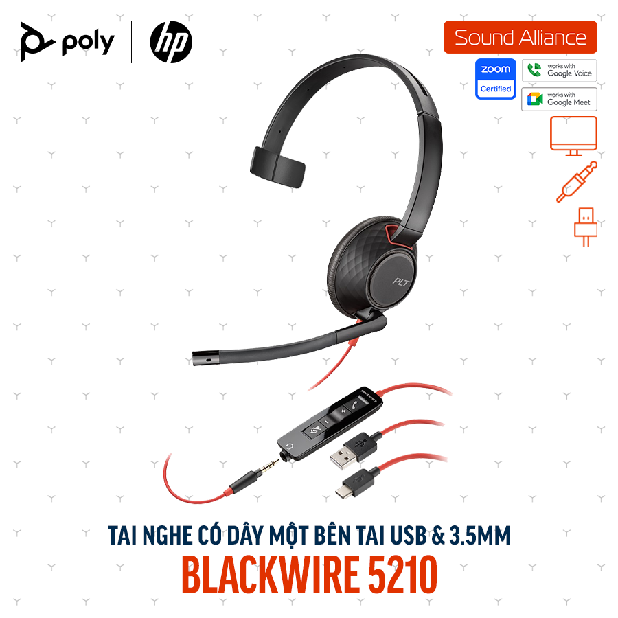  Tai nghe USB và 3.5mm một bên tai Poly Blackwire 5210 USB-C (8X230AA) 