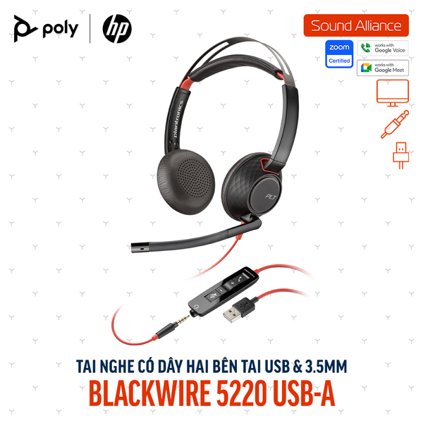  Tai nghe USB và 3.5mm hai bên tai Poly Blackwire 5220 USB-A (80R97AA) 