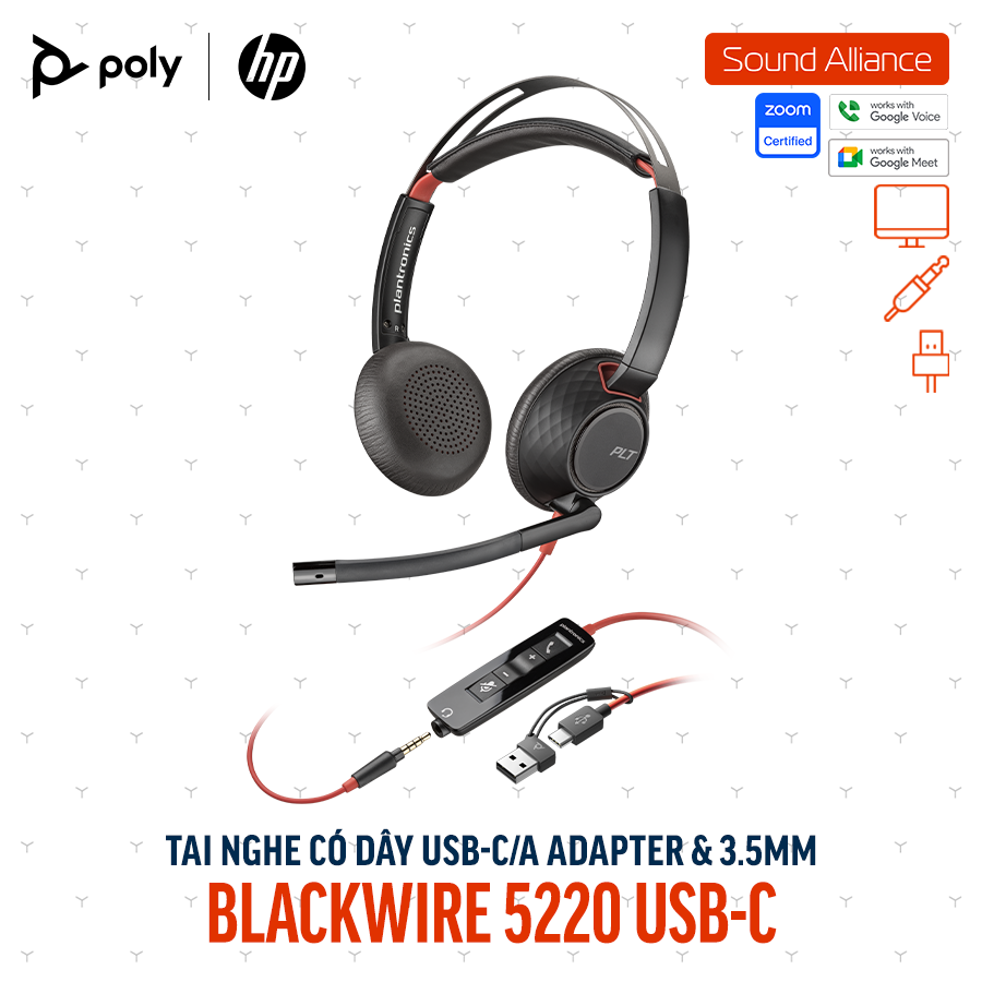  Tai nghe USB và 3.5mm hai bên tai Poly Blackwire 5220 USB-C (8X231A6) 