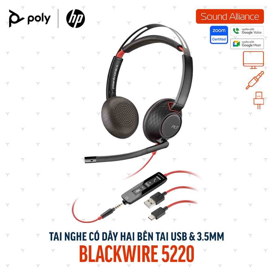  Tai nghe USB và 3.5mm hai bên tai Poly Blackwire 5220 USB-C (8X231AA) 