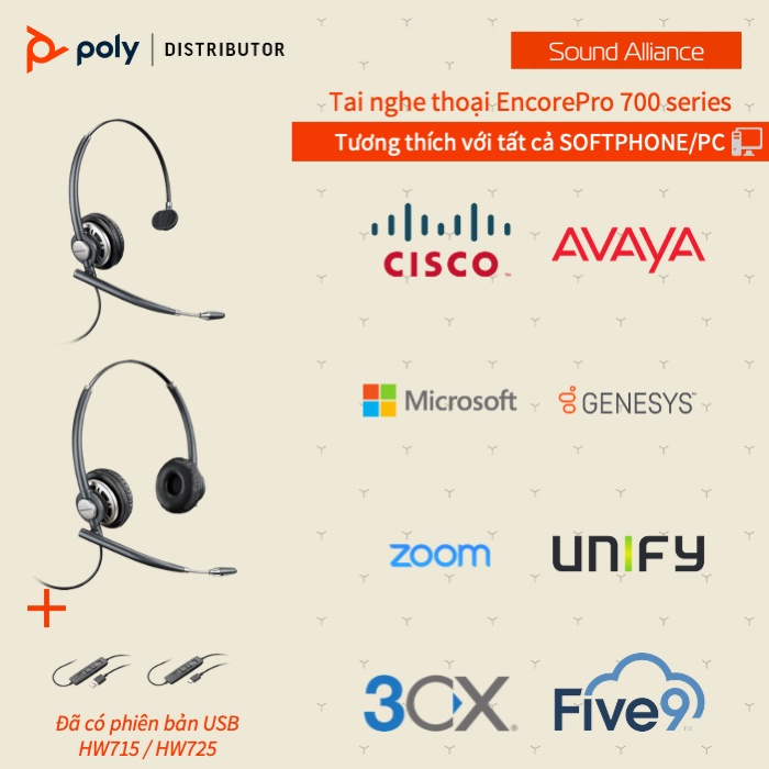  Tai nghe tổng đài có dây USB hai bên tai Poly EncorePro 725 (783M6AA) 