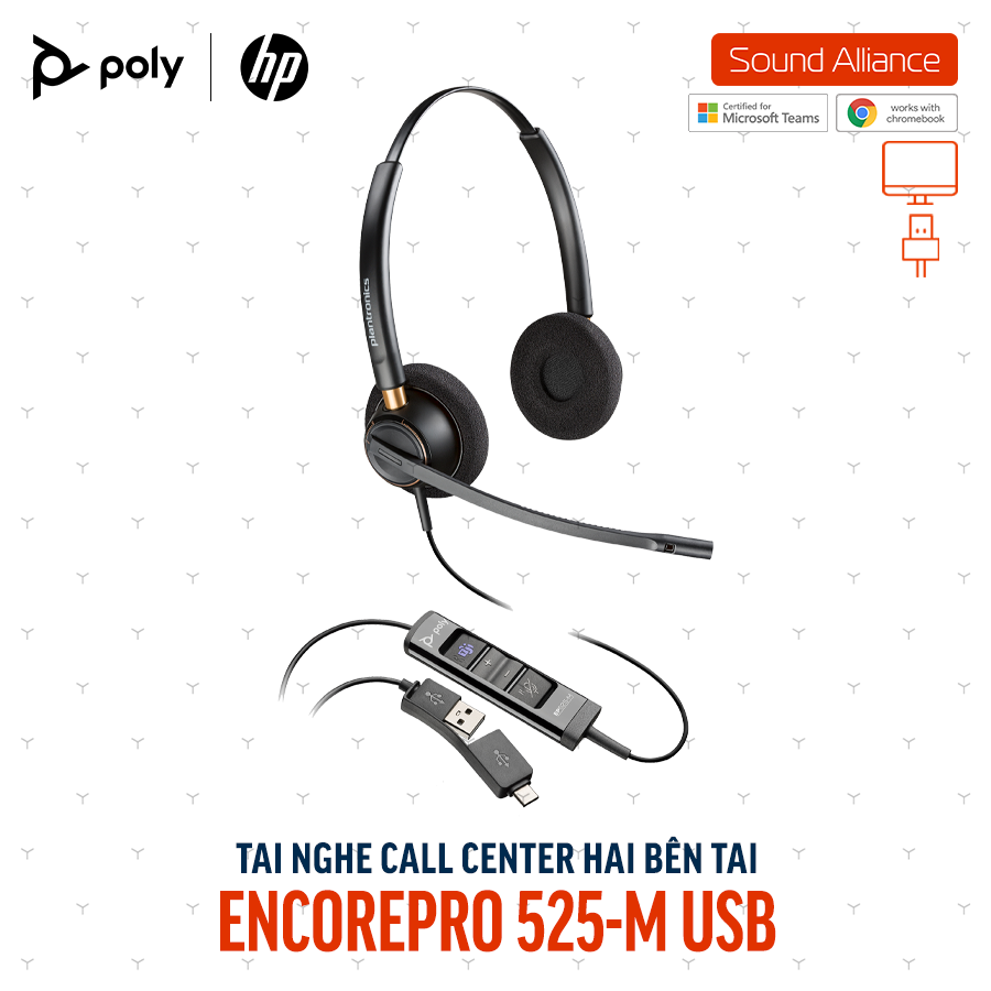  Tai nghe tổng đài có dây USB hai bên tai Poly EncorePro 525-M 783R2AA 