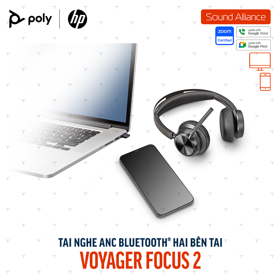  Tai nghe ANC Bluetooth Poly Voyager Focus 2 UC & đế sạc (77Y86AA) 