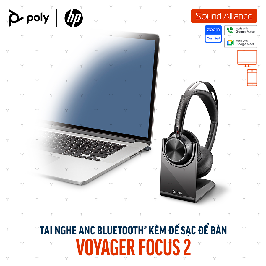  Tai nghe ANC Bluetooth Poly Voyager Focus 2 UC & đế sạc (77Y89AA) 