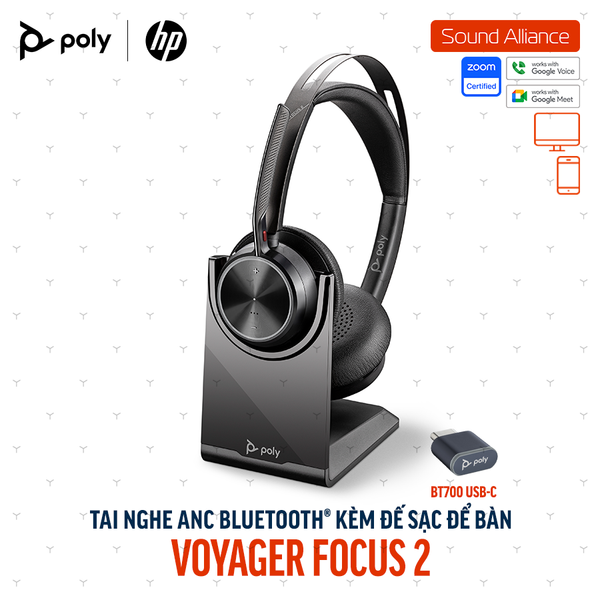  Tai nghe ANC Bluetooth Poly Voyager Focus 2 UC & đế sạc (77Y89AA) 