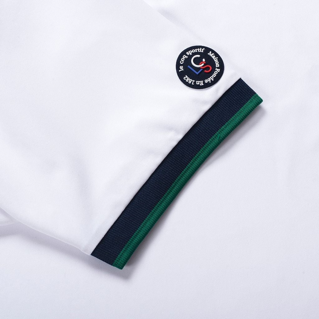Thời trang golf nam Le Coq Sportif hiện đại, áo polo trắng phối xanh