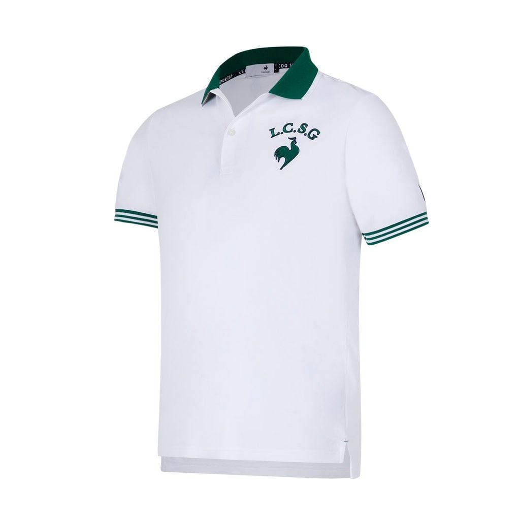 Polo nam thể thao Le Coq Sportif trắng viền xanh lá, logo thêu tinh xảo, bền màu