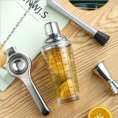 Bình pha chế cocktail thủy tinh in công thức pha chế coktail có nắp inox 304 cao cấp