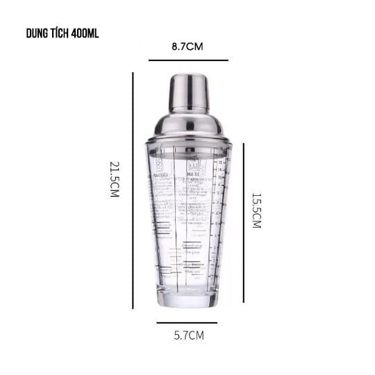 Bình pha chế cocktail thủy tinh in công thức pha chế coktail có nắp inox 304 cao cấp
