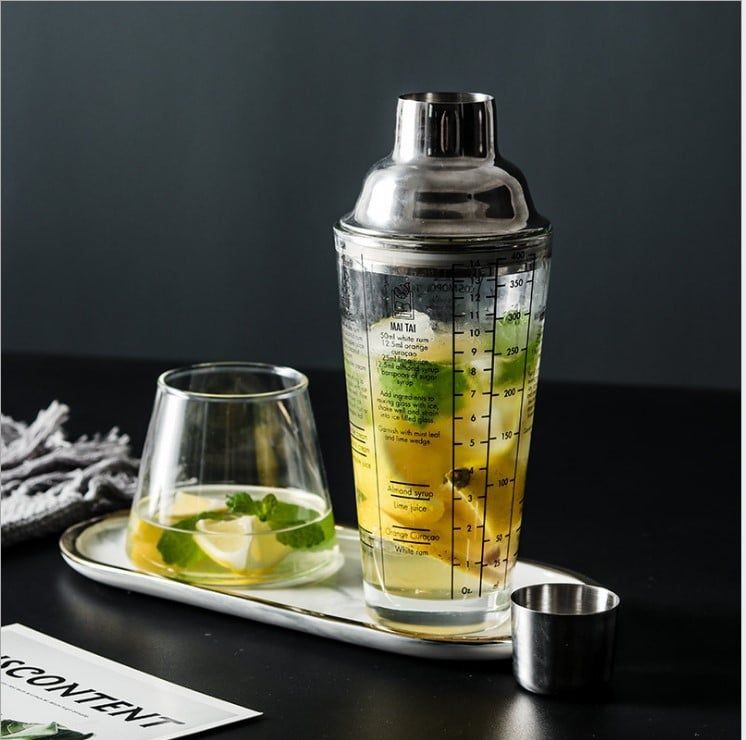 Bình pha chế cocktail thủy tinh in công thức pha chế coktail có nắp inox 304 cao cấp