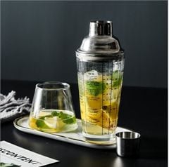 Bình pha chế cocktail thủy tinh in công thức pha chế coktail có nắp inox 304 cao cấp