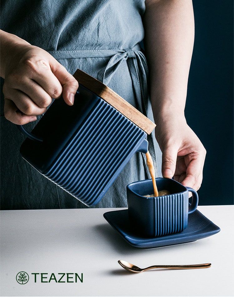 Bộ Ấm Chén Bắc Âu Nắp Gỗ Hình Vuông Cao Cấp