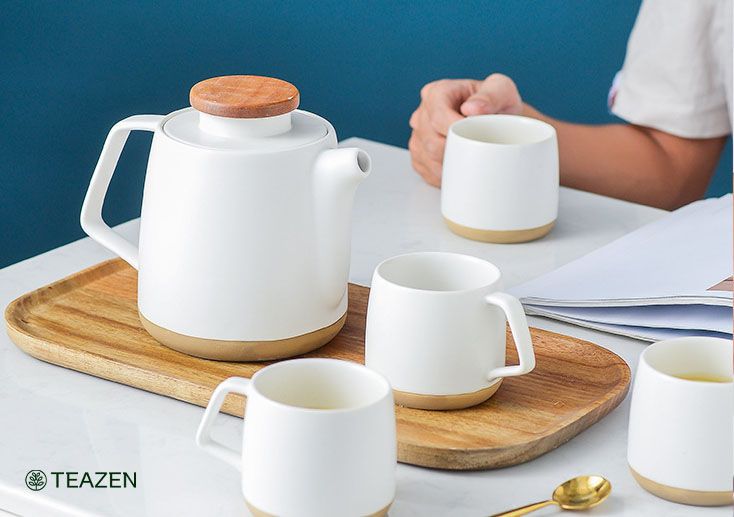 Bộ ấm chén Bắc Âu nắp gỗ đế vân đá hoa cương cao cấp