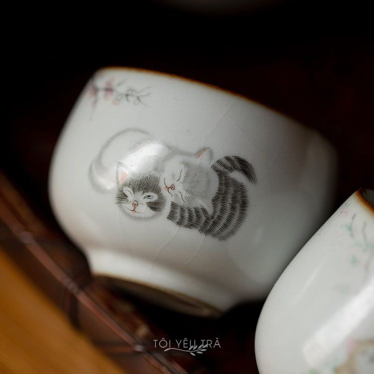 Cốc uống trà thiền sứ men rạn cao cấp họa tiết mèo dễ thương (cốc thấp)